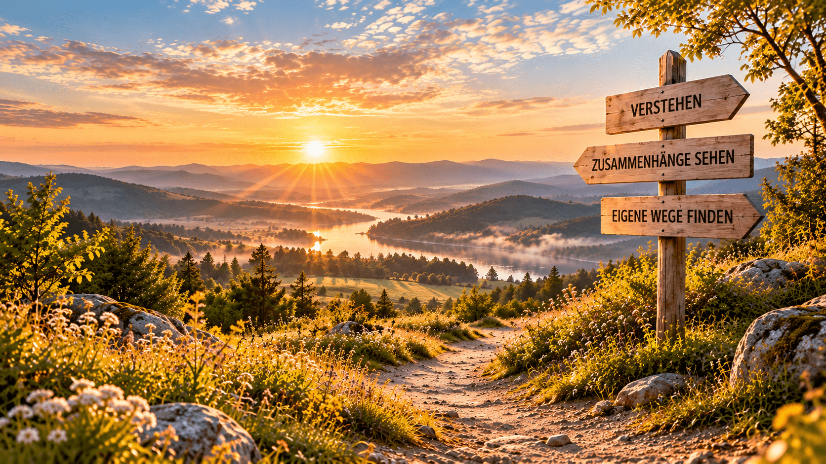Ein Weg führt durch eine Landschaft zu einem Wegweiser mit den Hinweisen Verstehen, Zusammenhänge sehen und eigene Wege finden.