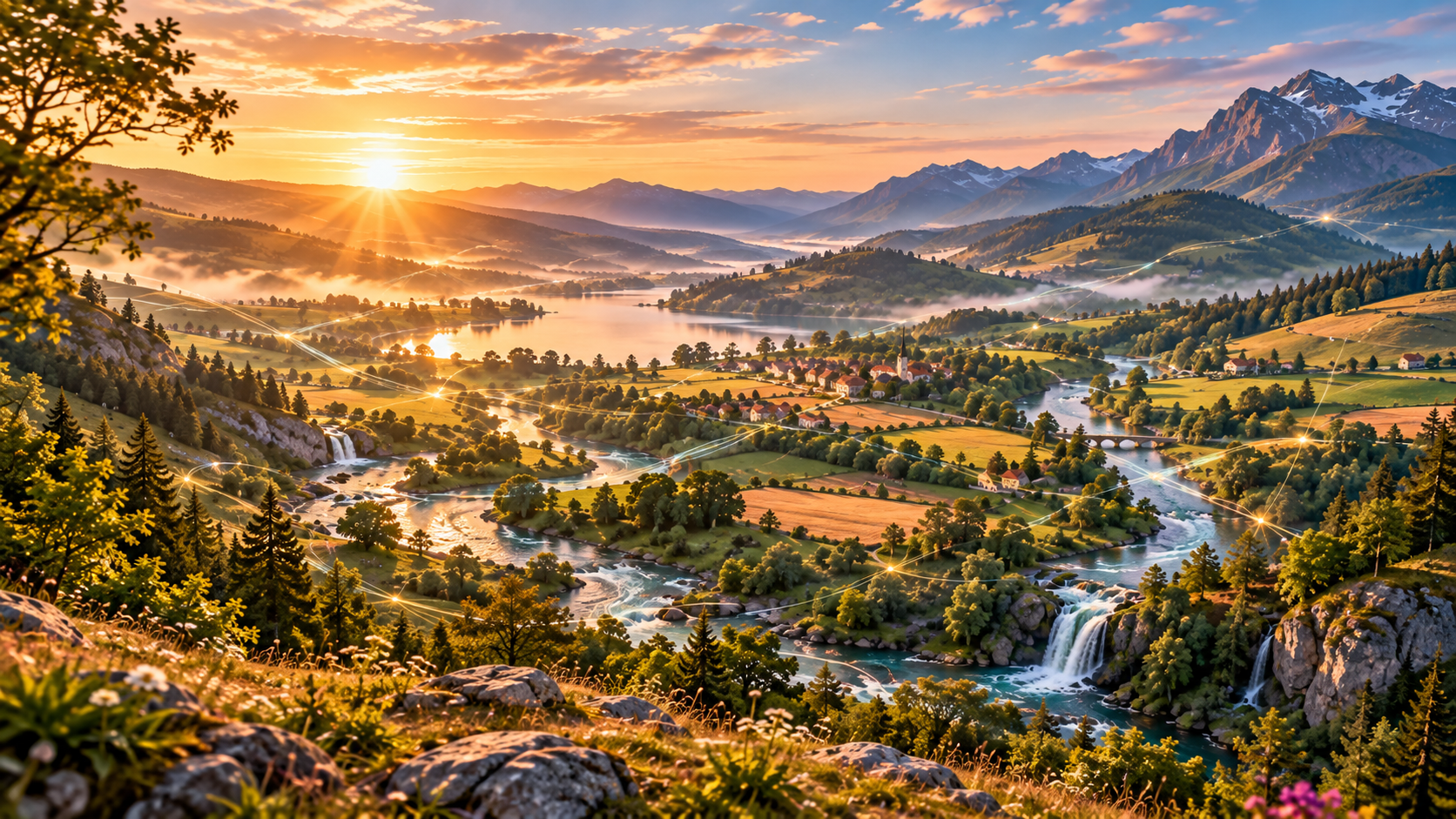 Weite, sonnenbeschienene Landschaft mit Bergen, Feldern, Wasserläufen und Ortschaften; feine Lichtlinien verbinden verschiedene Bereiche und symbolisieren ein dynamisches, miteinander verbundenes System.