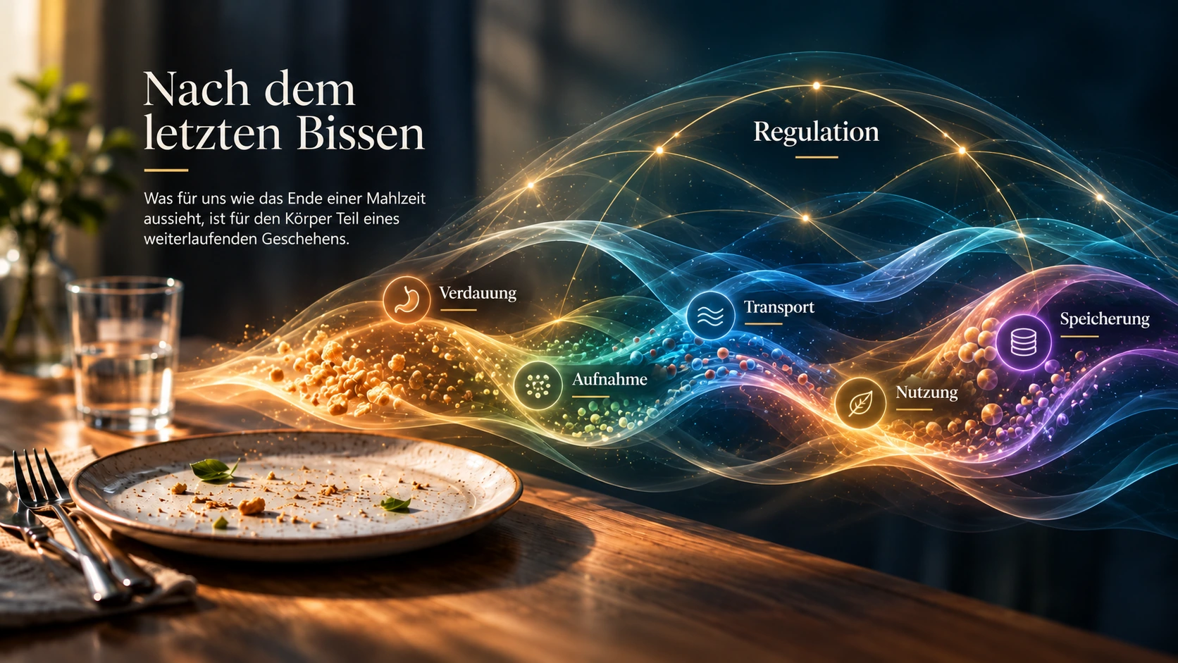 Eine Mahlzeit geht nach dem letzten Bissen in ein Zusammenspiel aus Verdauung, Aufnahme, Transport, Nutzung, Speicherung und Regulation über.