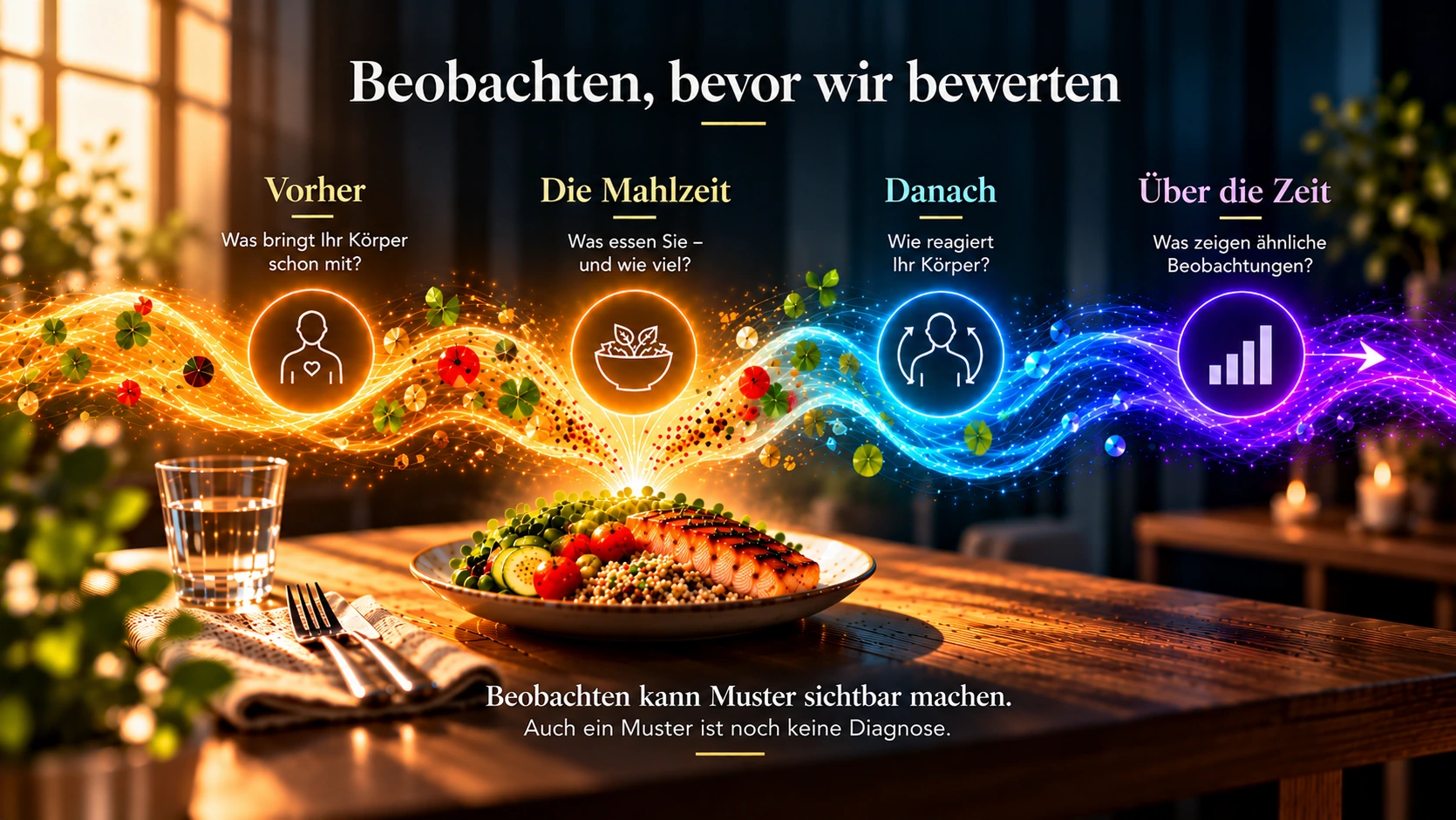 Vier Perspektiven zur Beobachtung einer Mahlzeit: vorher, die Mahlzeit selbst, danach und wiederkehrende Beobachtungen über die Zeit.
