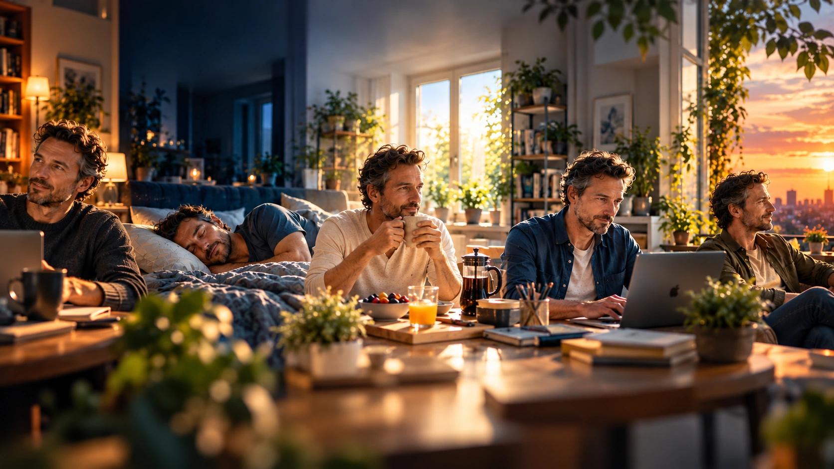 Derselbe Mann in mehreren ineinander übergehenden Alltagssituationen von Abend und Schlaf über Morgen und Arbeit bis zum nächsten Abend. Die offene Bildkomposition vermittelt einen fortlaufenden zeitlichen Zusammenhang.